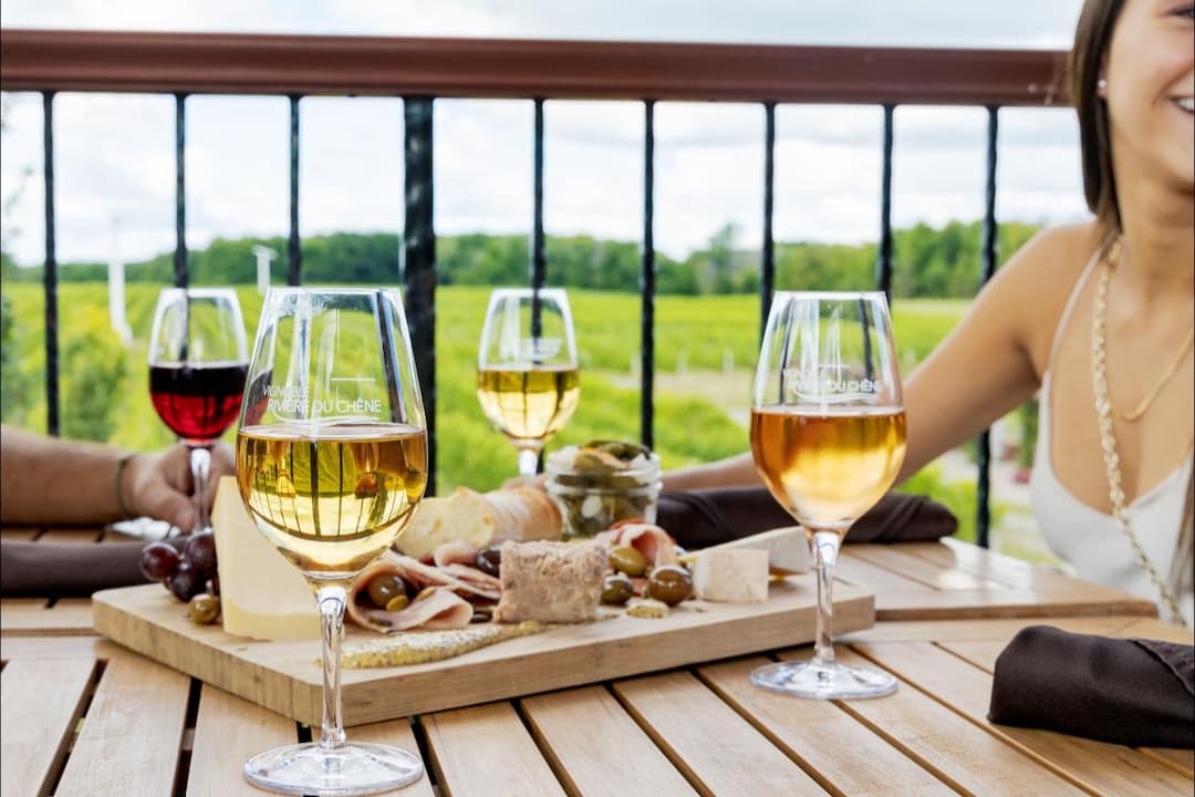 Table avec verres de vin et vue sur le vignoble