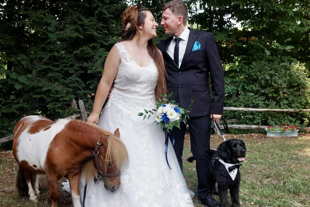 Couple de mariés avec un petit cheval et un chien à l'Érablière du Domaine des Centaures